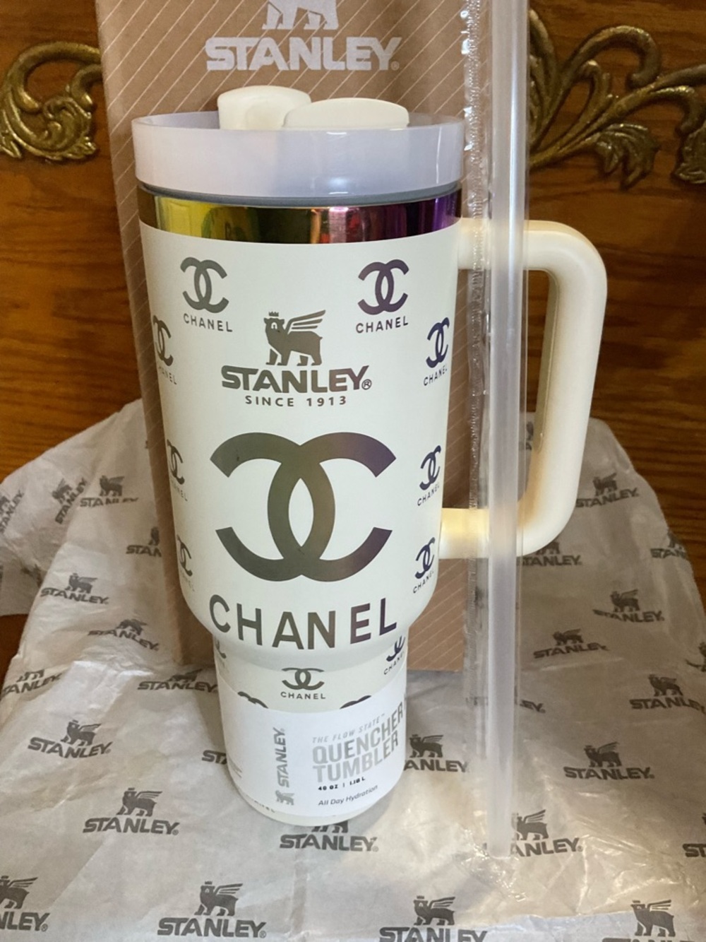 Stanley luxury White Insulated Tumbler with Handle and Metallic iridescentAccent